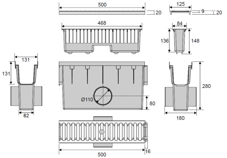 Wymiary kompletu studzienki zbiorczej z koszem i kratą C250