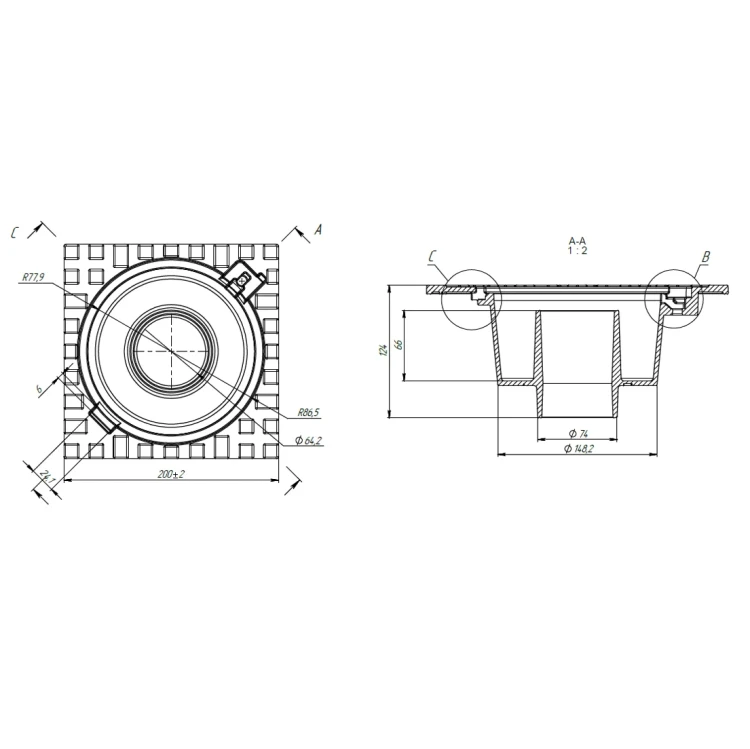 Wpust żeliwny posadzkowy 200x200mm