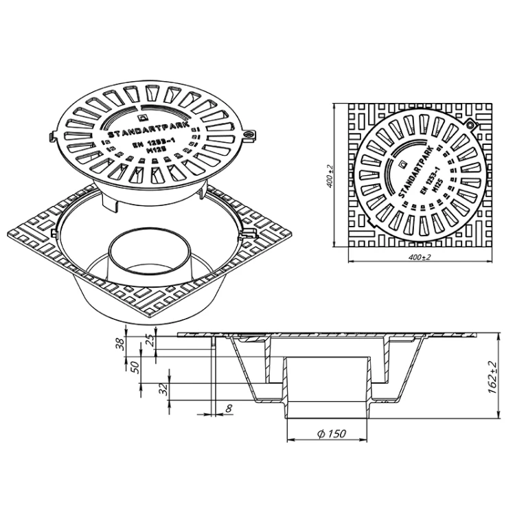 Wpust żeliwny posadzkowy 400x400mm
