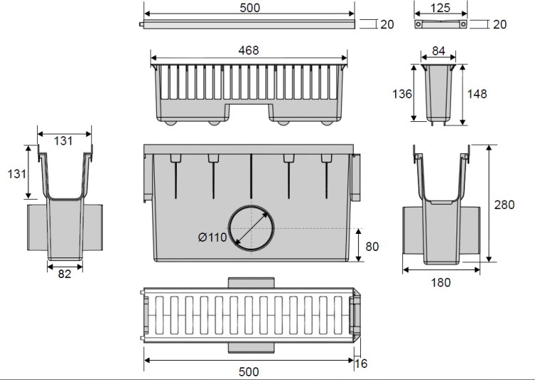 Schemat kompletu studzienki zbiorczej z koszem zatrzymującym zanieczyszczenia i kratą wykonaną z PVC