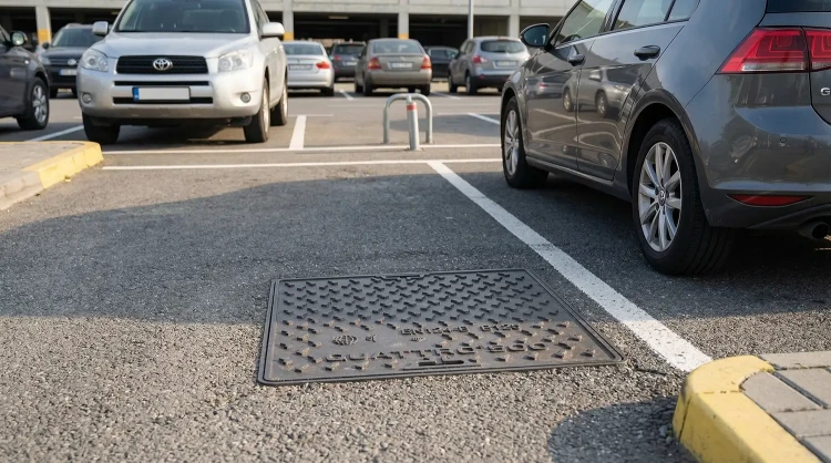 Właz chodnikowy QUATTRO B125 na parkingu przy sklepie