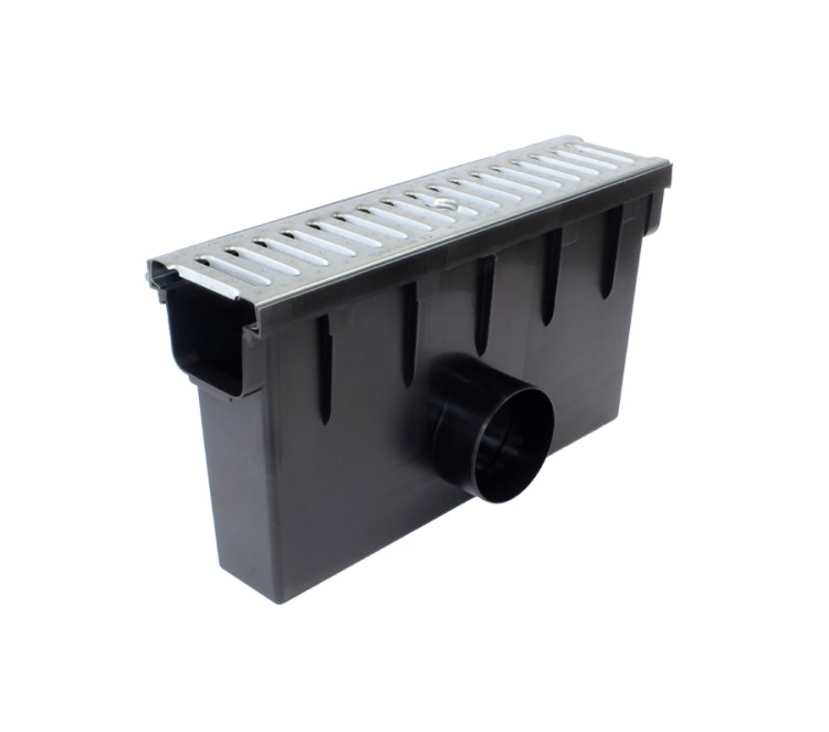 Studzienka zbiorcza do kanału 98 mm z koszem zatrzymującym zanieczyszczenia środowiskowe i kratą wykonaną ze stali ocynkowanej o klasie obciążenia A15 1,5 tony