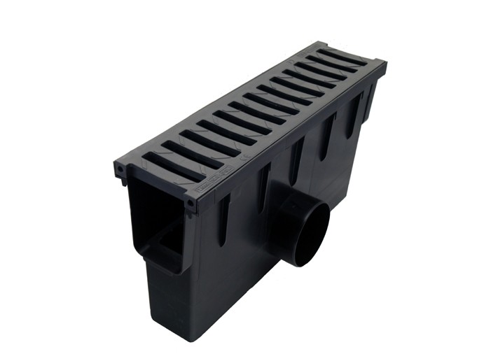 Studzienka zbiorcza do kanału 148 mm z koszem zatrzymującym zanieczyszczenia środowiskowe i kratą wykonaną z tworzywa o klasie obciążenia A15 1,5 tony w kolorze grafitowym