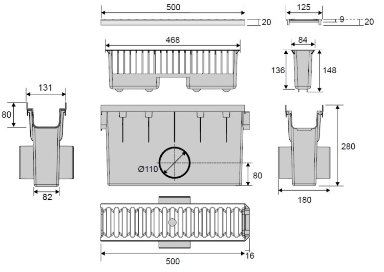Wymiary kompletu studzienki zbiorczej z koszem i kratą C250
